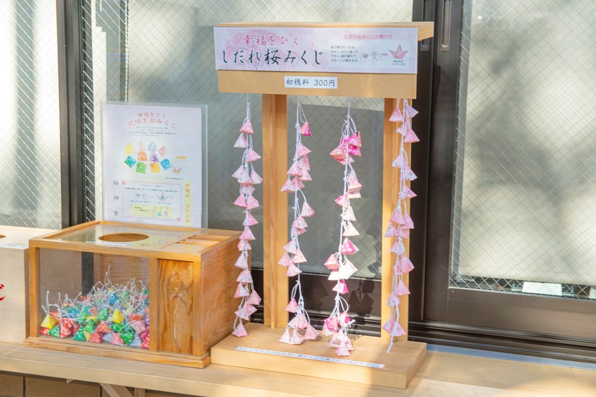 おみくじは4種類あり、なかでも「しだれ桜みくじ」は、シダレザクラのように、紐から鈴入りの立体的なおみくじが吊るされていて、ひと際映えます。